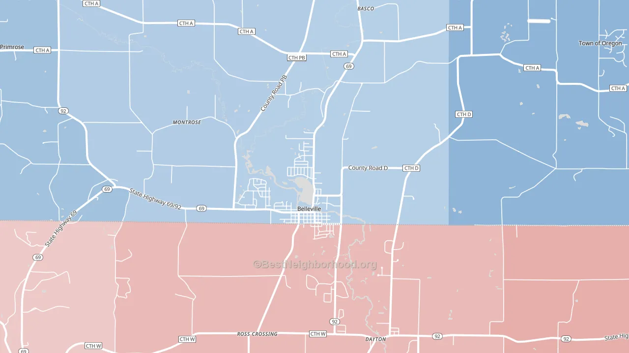 Belleville, WI block-group political-lean map