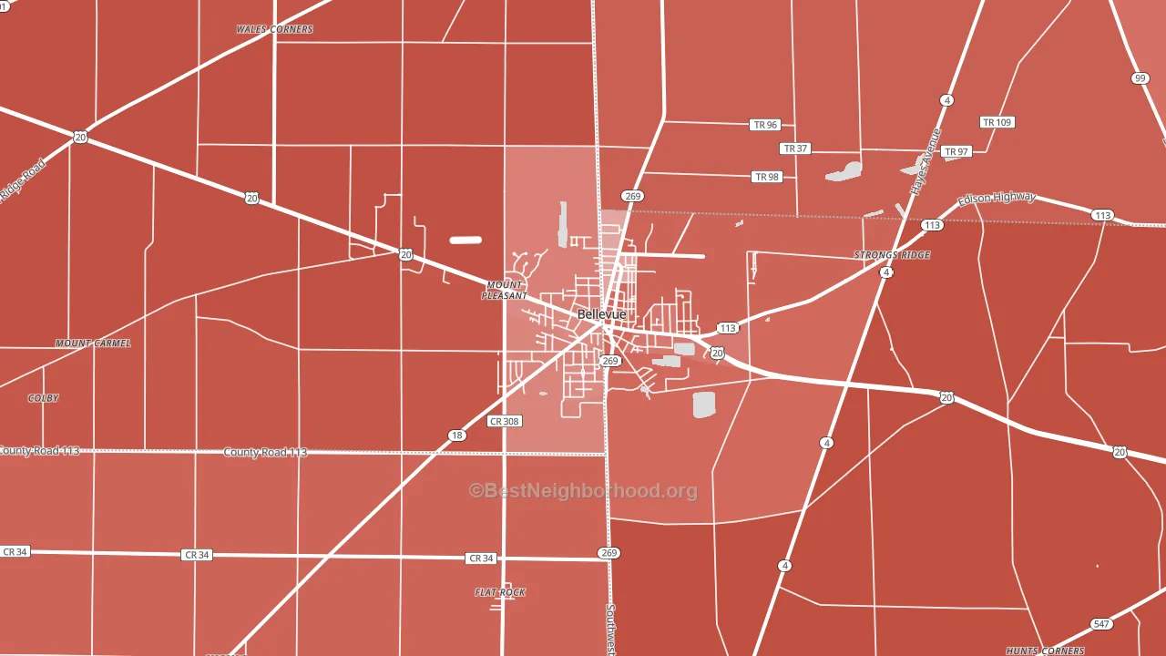 Bellevue, OH block-group political-lean map