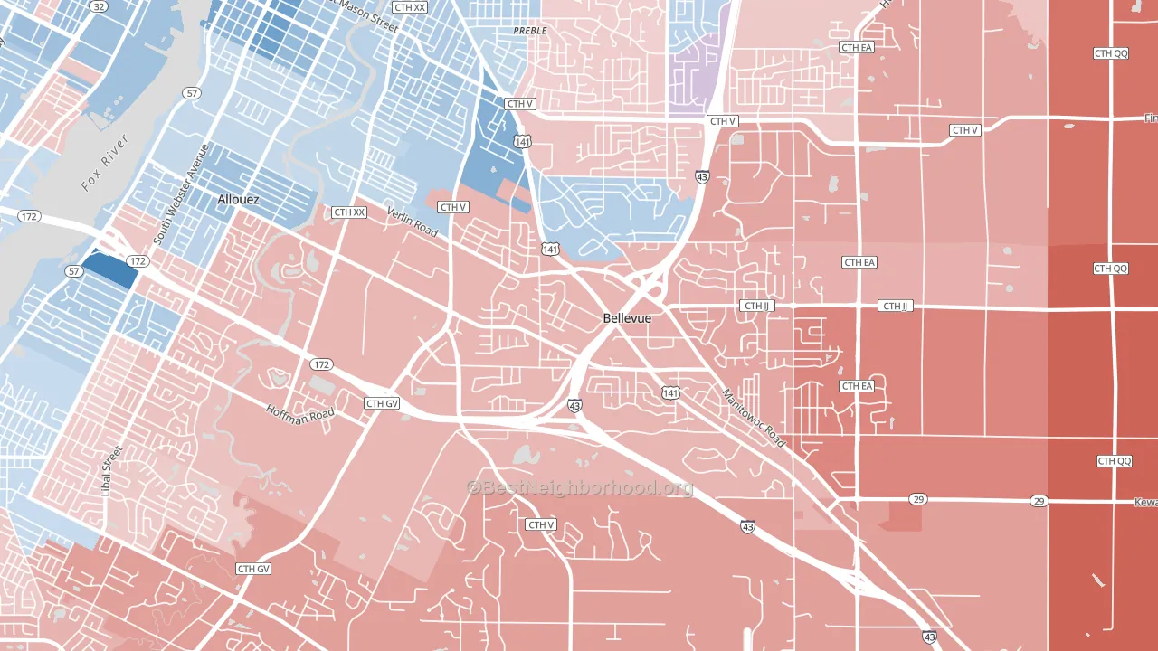 Bellevue, WI block-group political-lean map