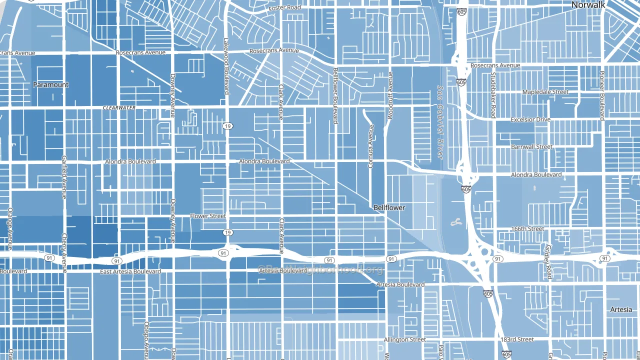 Bellflower, CA block-group political-lean map