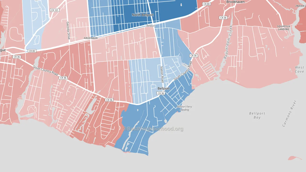Bellport, NY block-group political-lean map