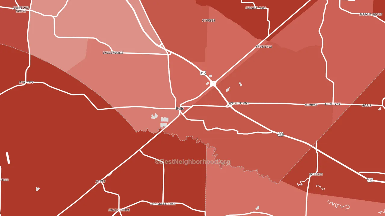 Bells, TN block-group political-lean map