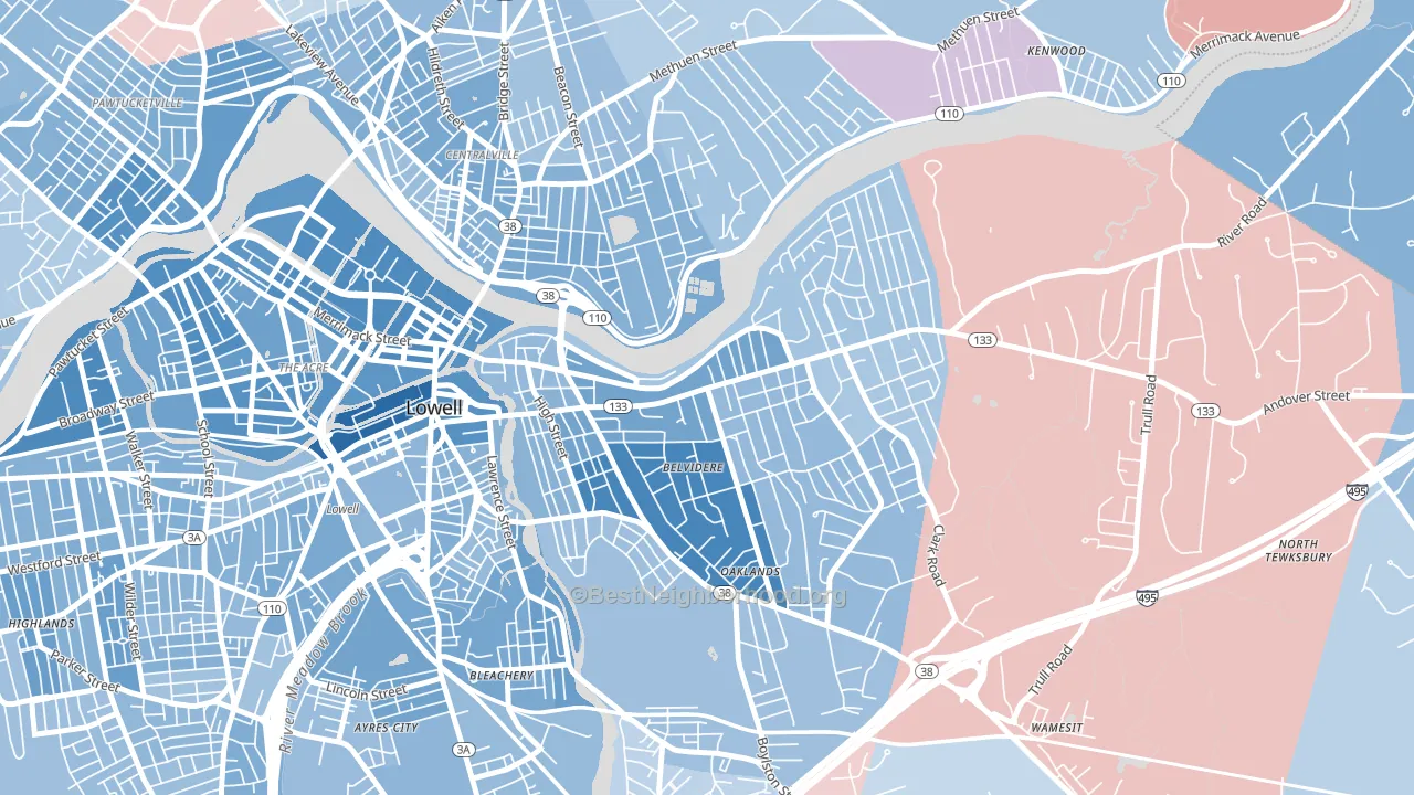 Belvidere, Lowell, MA block-group political-lean map