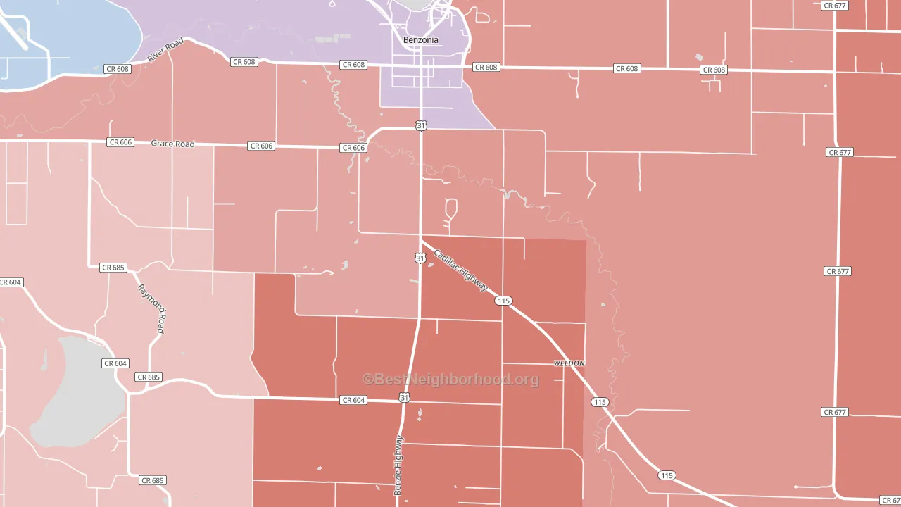 Benzonia, MI block-group political-lean map