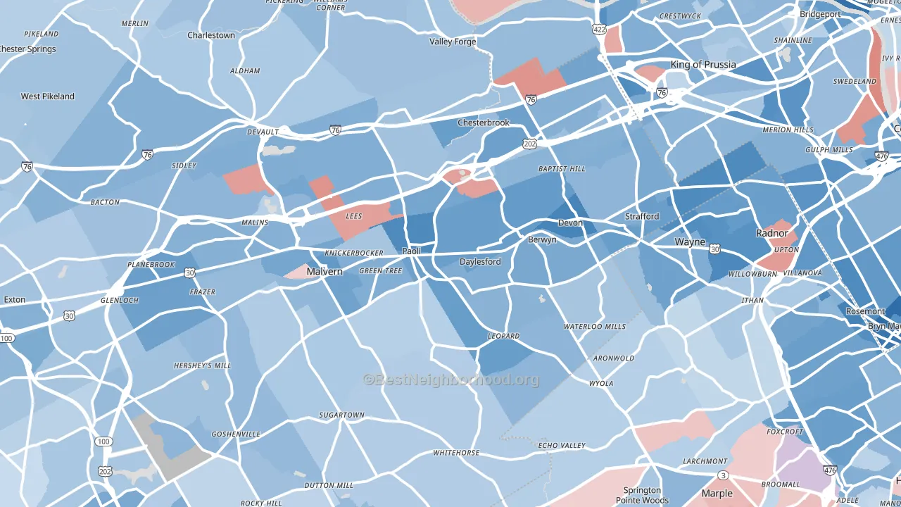 Berwyn, PA block-group political-lean map