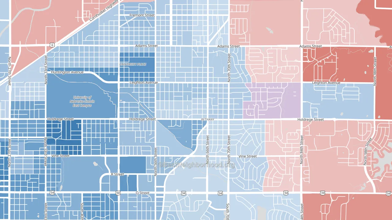 Bethany, Lincoln, NE block-group political-lean map