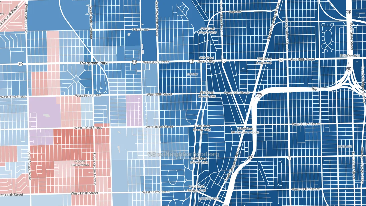 Beverly, Chicago, IL block-group political-lean map