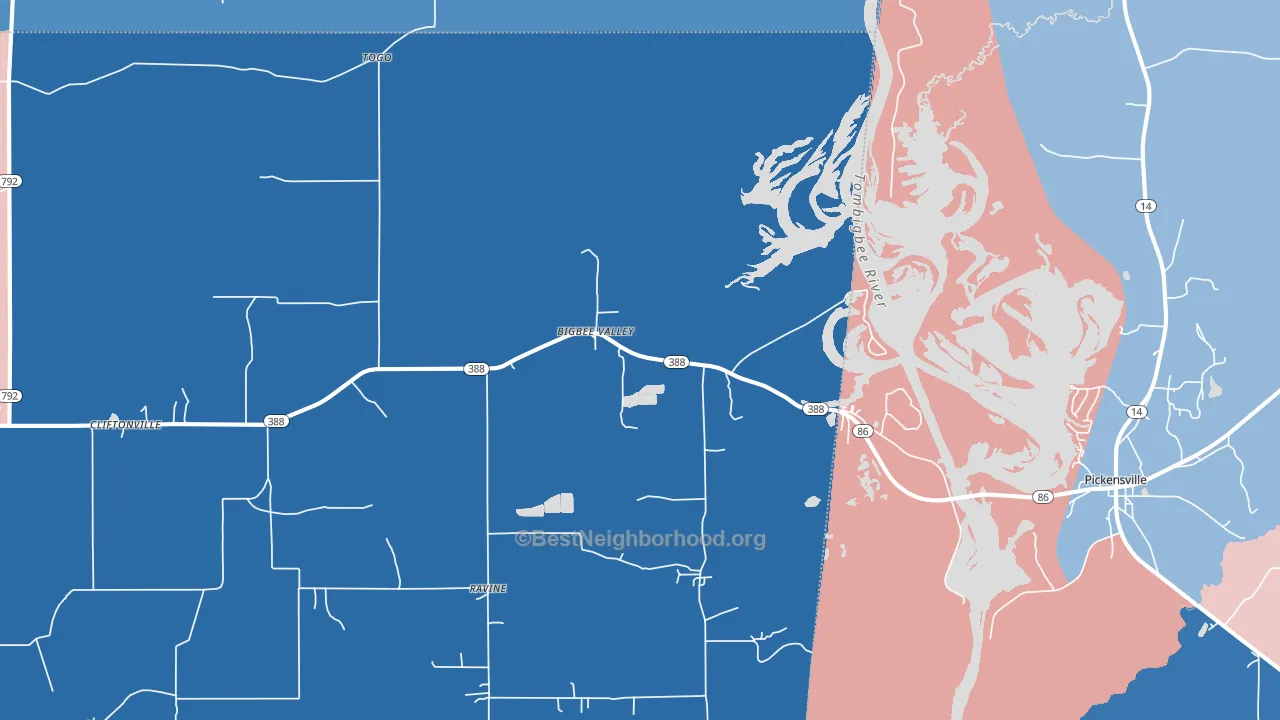 Bigbee Valley, MS block-group political-lean map