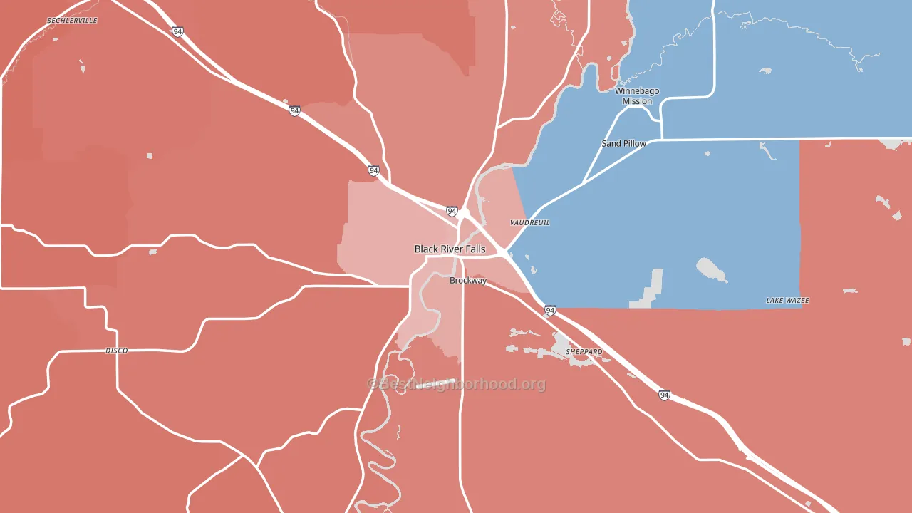 Black River Falls, WI block-group political-lean map