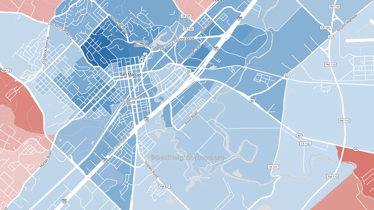 Blanco Gardens, San Marcos, TX block-group political-lean map
