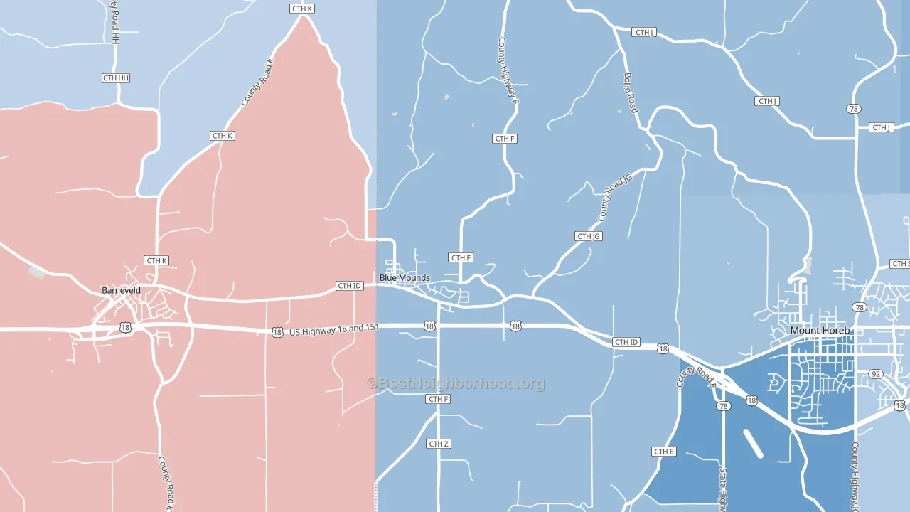 Blue Mounds, WI block-group political-lean map