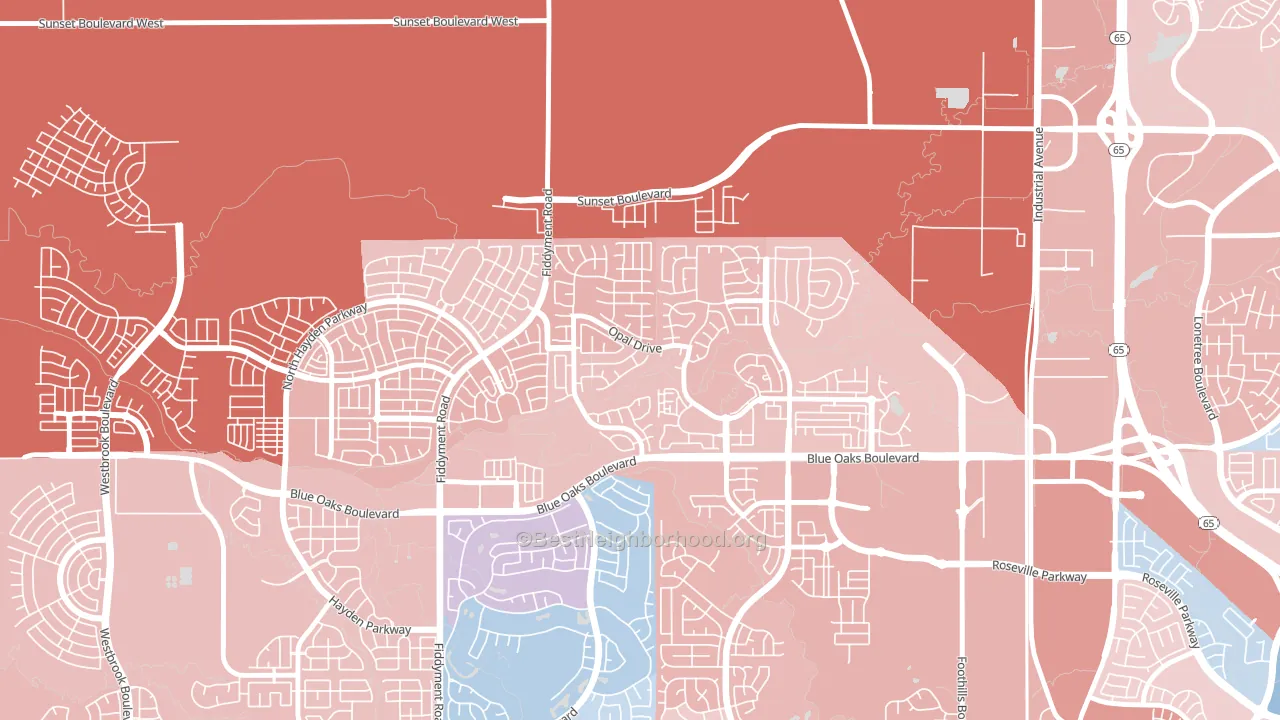 Blue Oaks, Roseville, CA block-group political-lean map