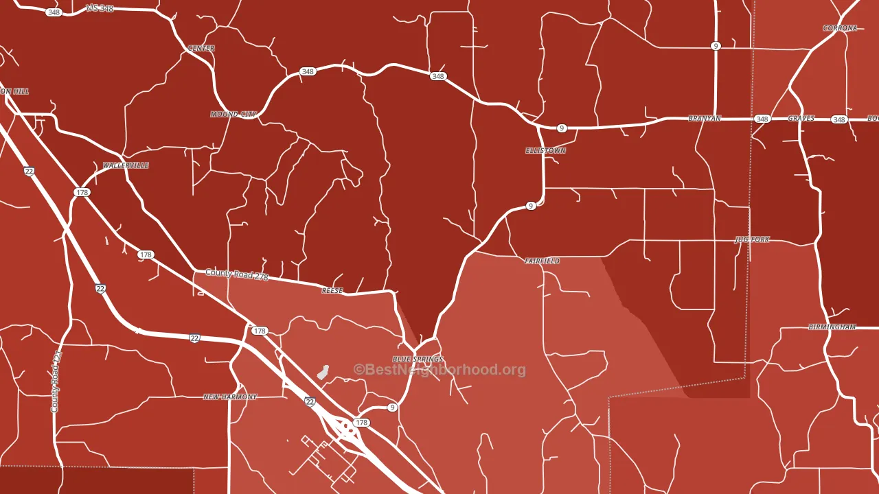 Blue Springs, MS block-group political-lean map