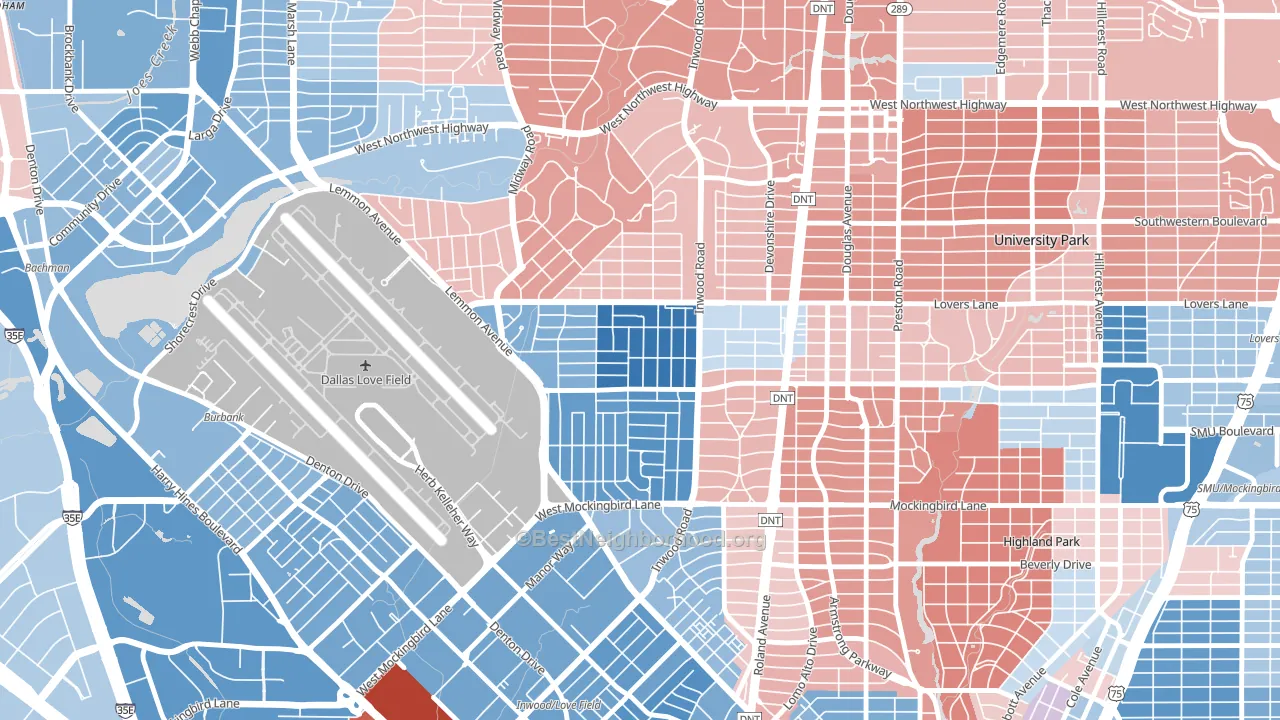 Bluffview, Dallas, TX block-group political-lean map