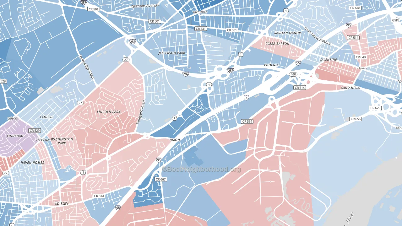 Bonhamtown, Edison, NJ block-group political-lean map