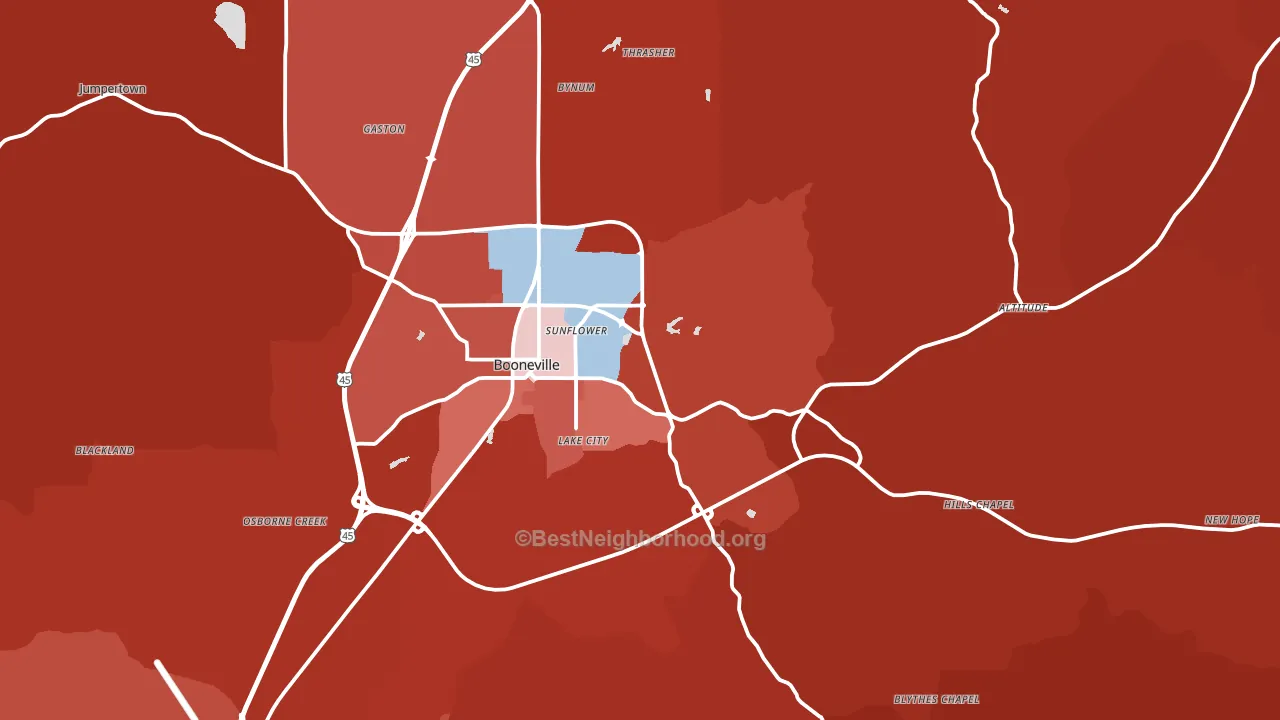 Booneville, MS block-group political-lean map