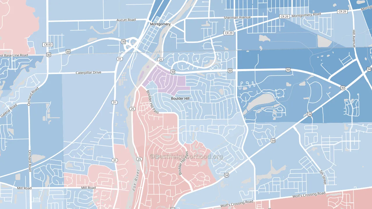 Boulder Hill, IL block-group political-lean map