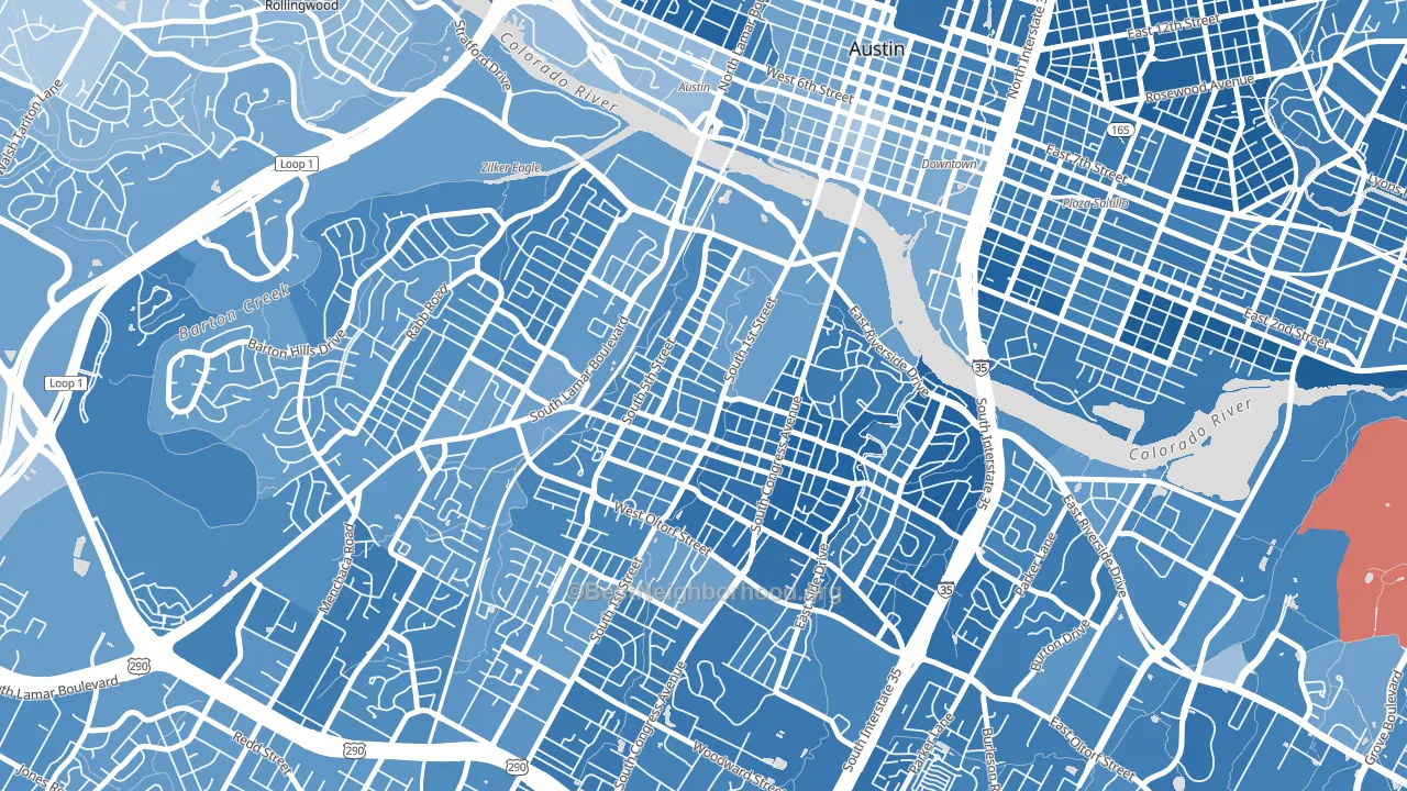 Bouldin, Austin, TX block-group political-lean map