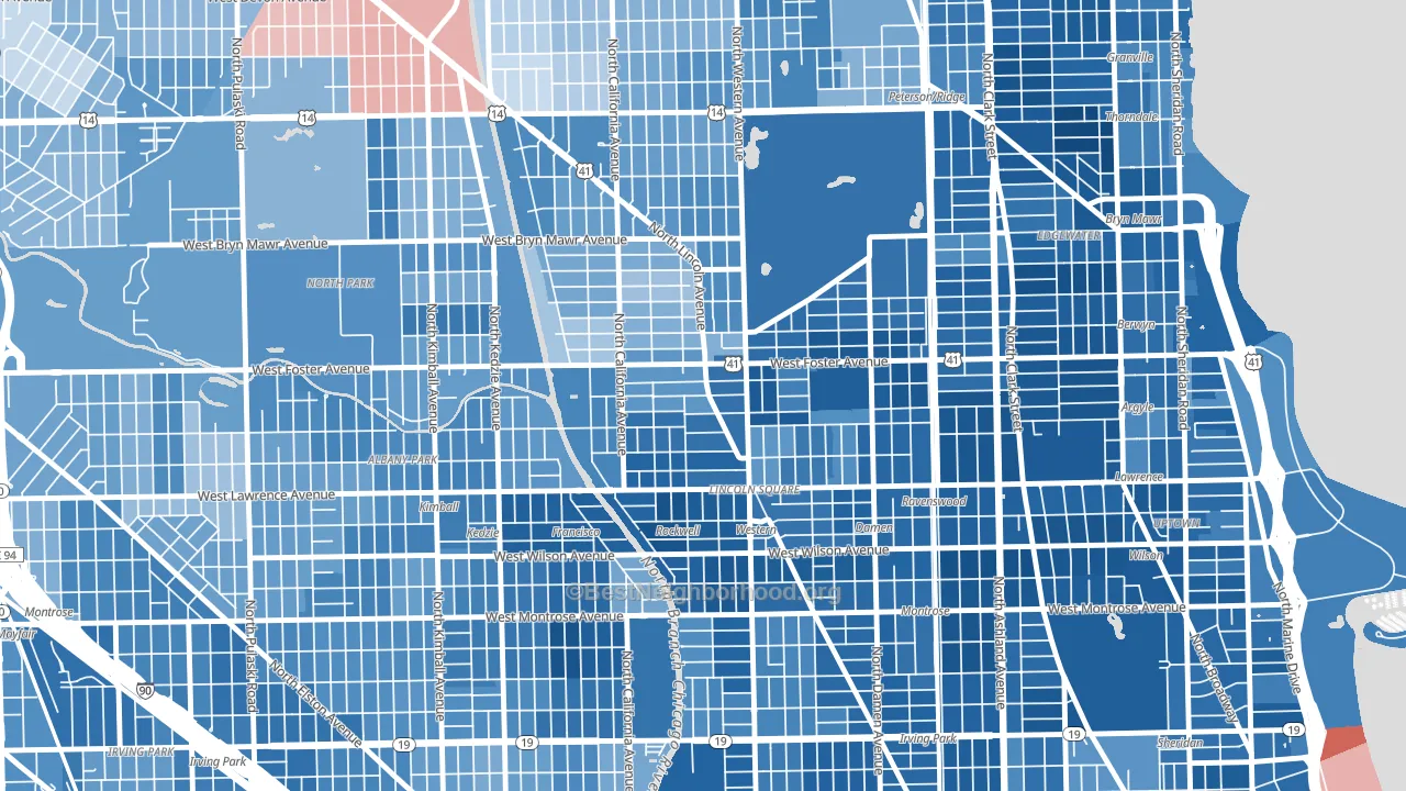 Bowmanville, Chicago, IL block-group political-lean map