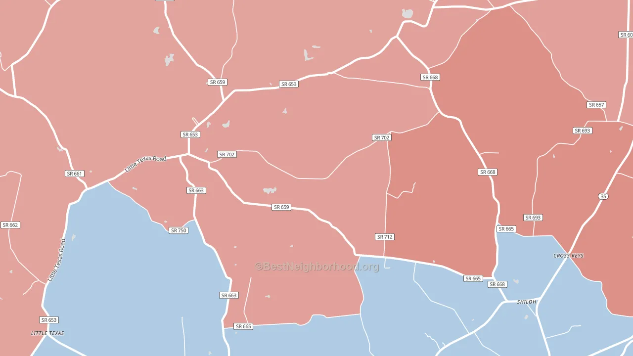Boykins and Branchville, VA block-group political-lean map
