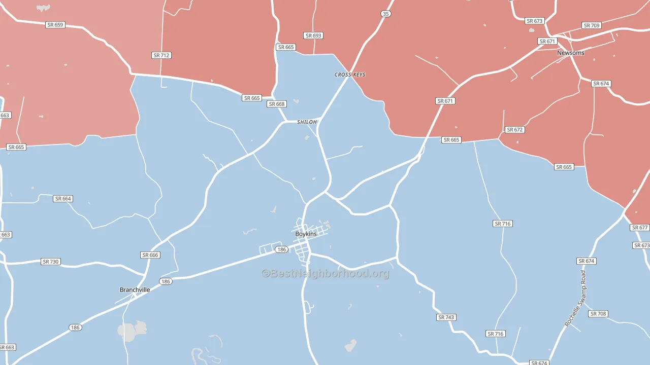 Boykins, VA block-group political-lean map