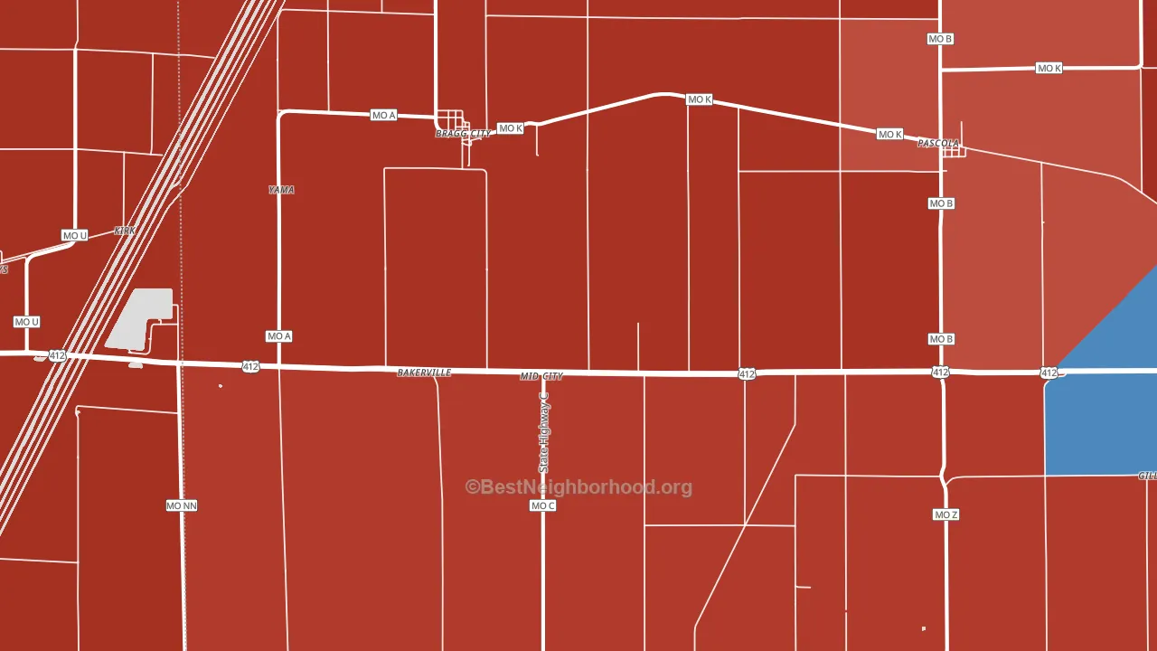 Bragg City, MO block-group political-lean map