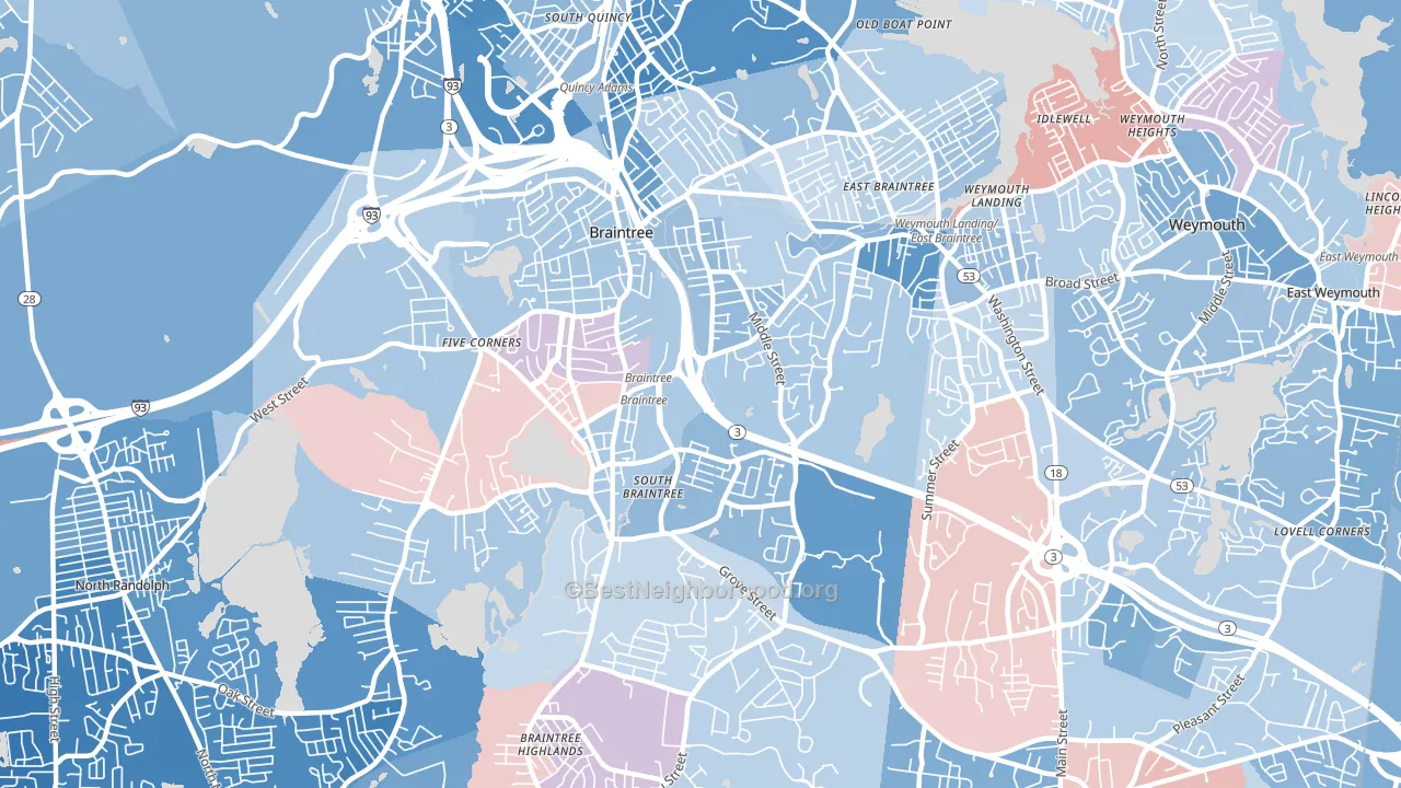 Braintree Town, MA block-group political-lean map