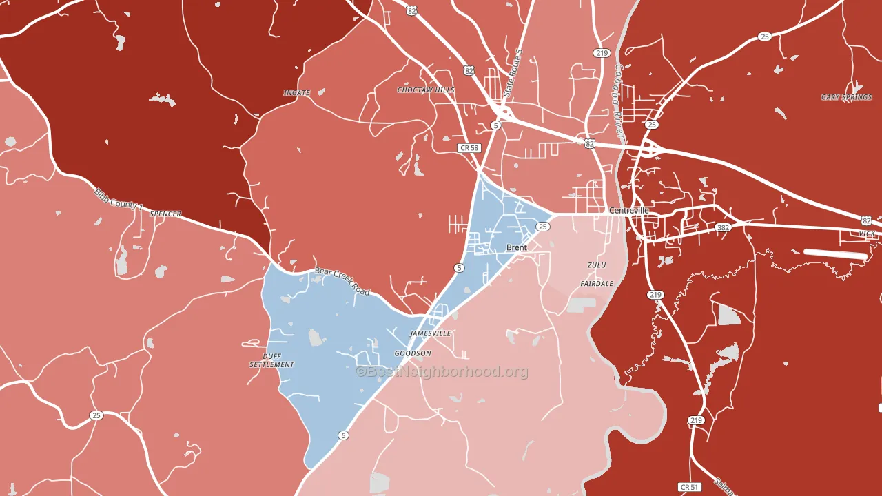 Brent, AL block-group political-lean map