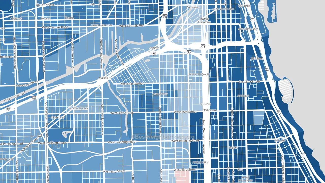 Bridgeport, Chicago, IL block-group political-lean map