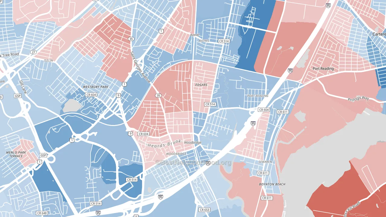 Bridgeton, Woodbridge, NJ block-group political-lean map