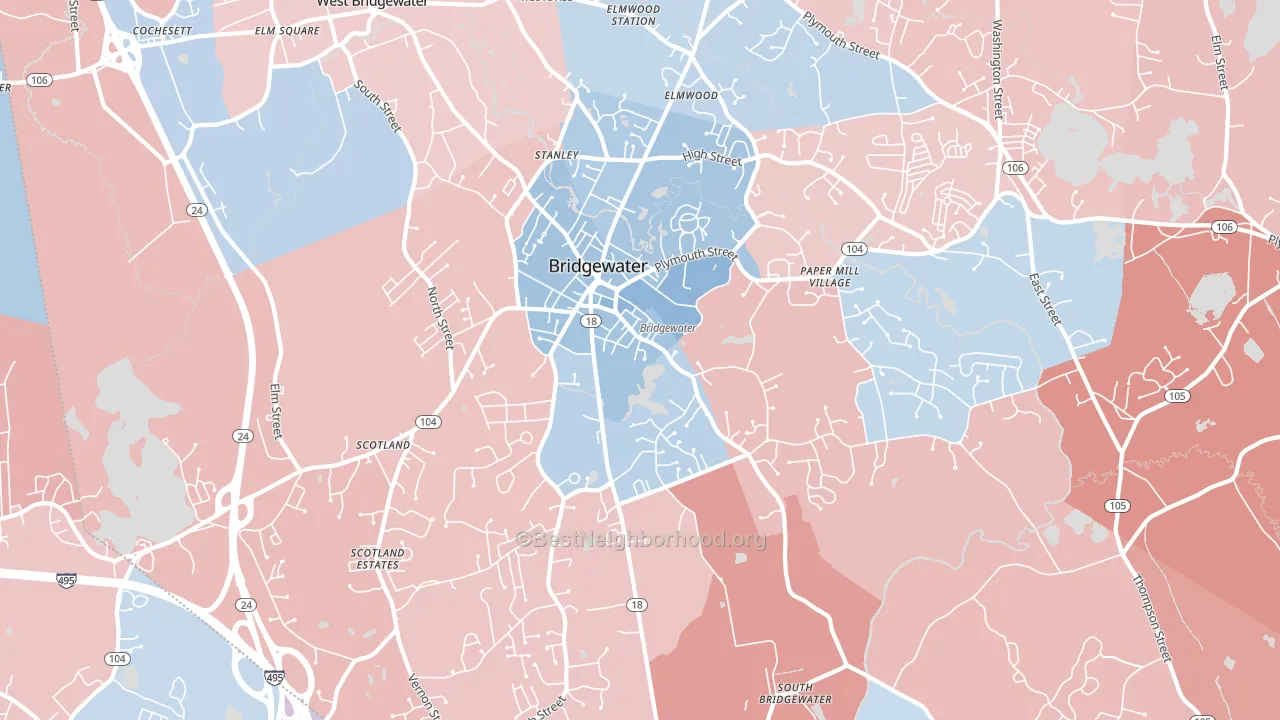 Bridgewater, MA block-group political-lean map