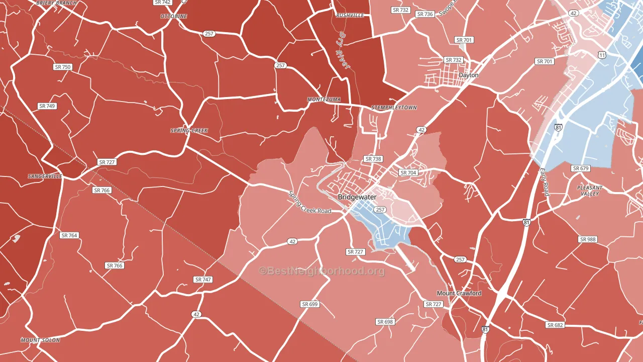 Bridgewater, VA block-group political-lean map