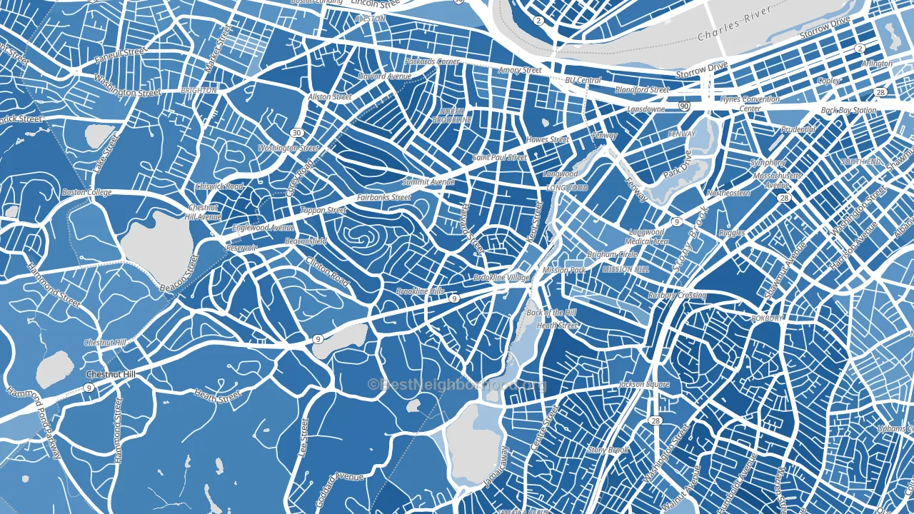 Brookline Village Commercial District, Brookline, MA block-group political-lean map