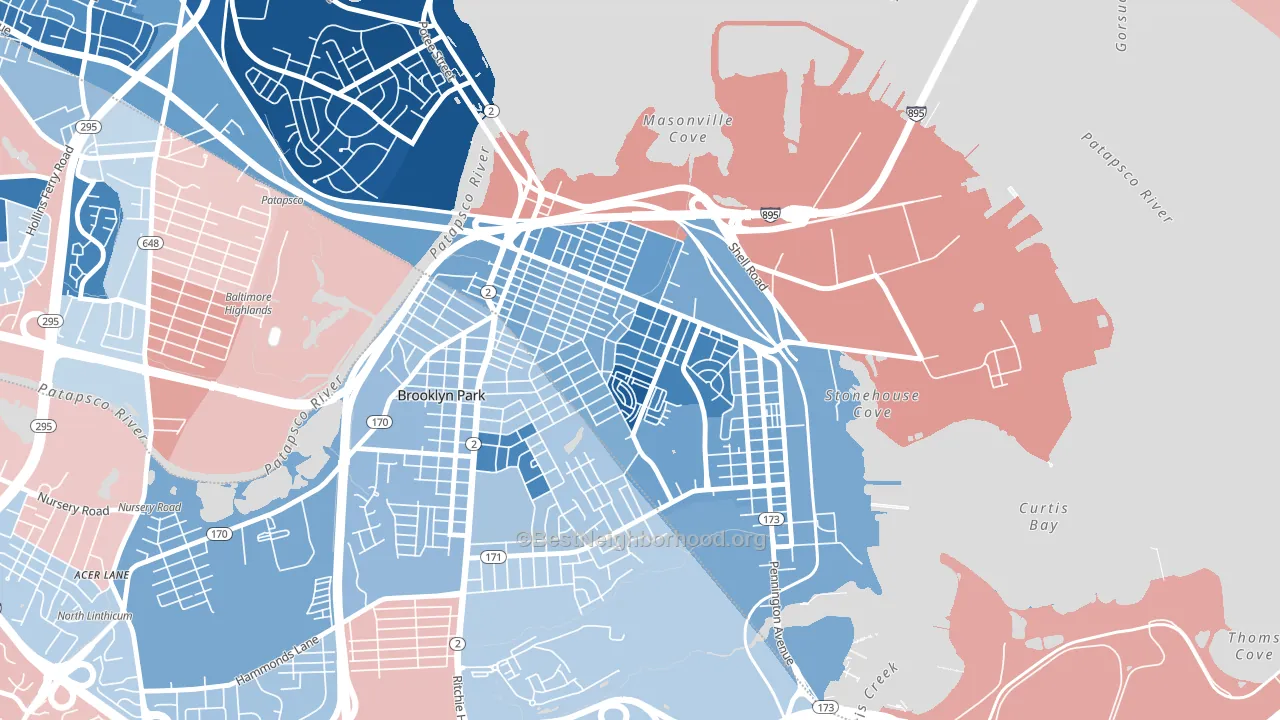 Brooklyn-Curtis Bay, Brooklyn, MD block-group political-lean map