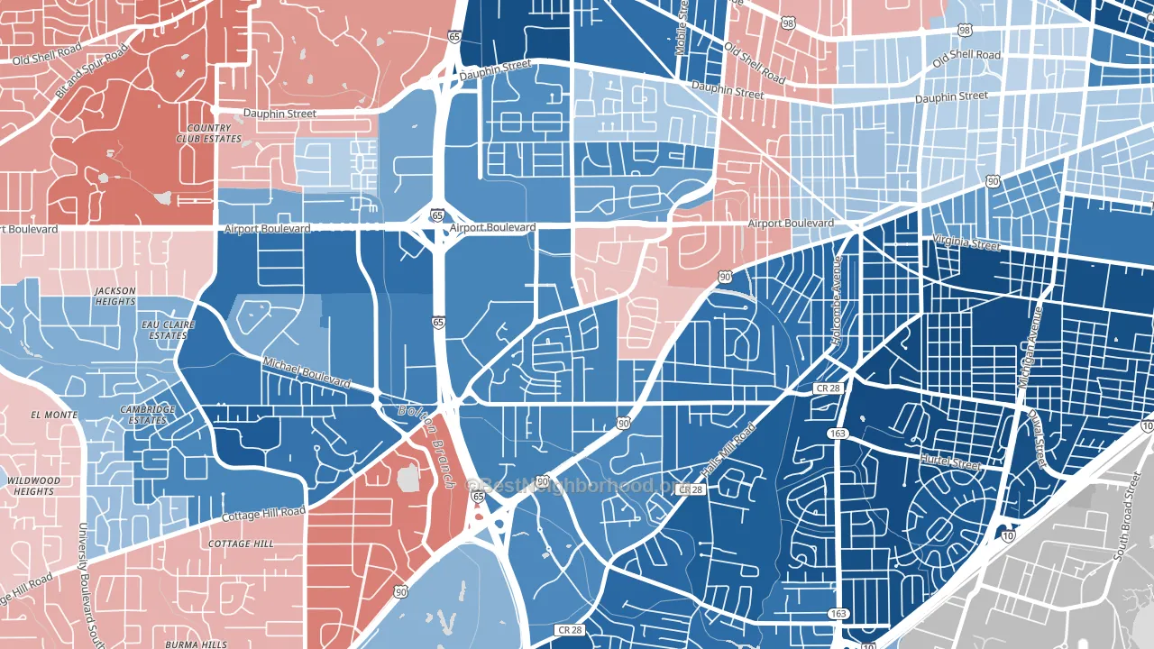 Brookwood, Mobile, AL block-group political-lean map