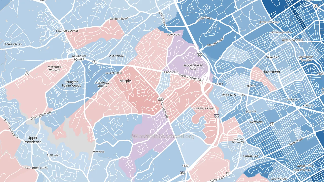 Broomall, PA block-group political-lean map