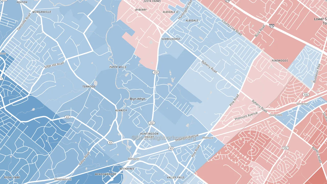 Bryn Athyn, PA block-group political-lean map