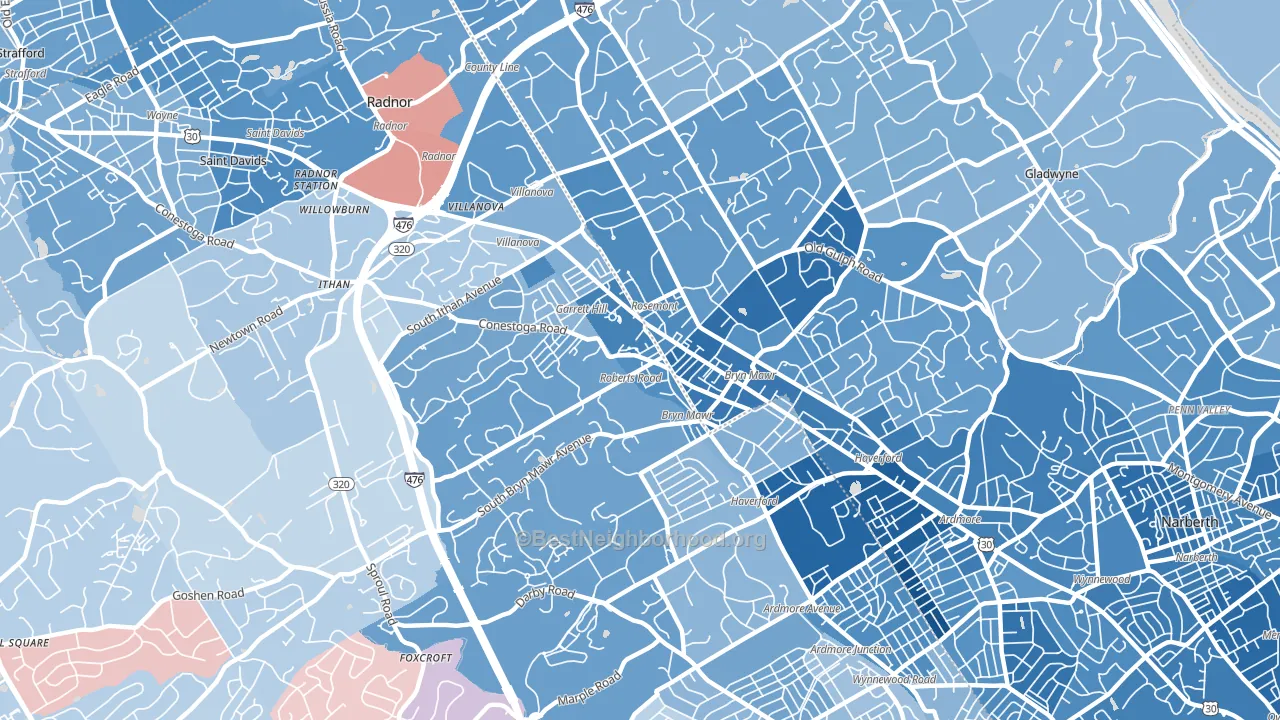 Bryn Mawr, PA block-group political-lean map
