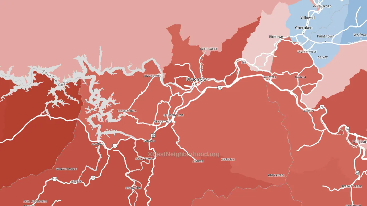 Bryson City, NC block-group political-lean map