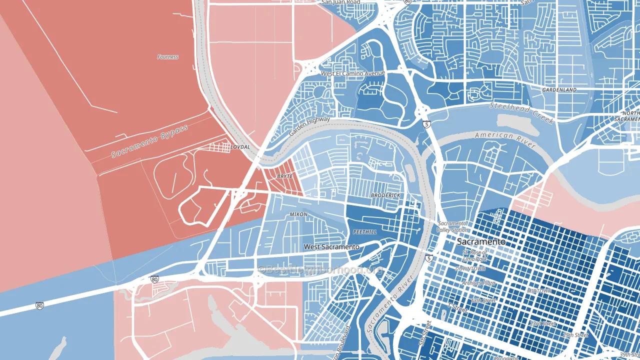 Bryte, West Sacramento, CA block-group political-lean map