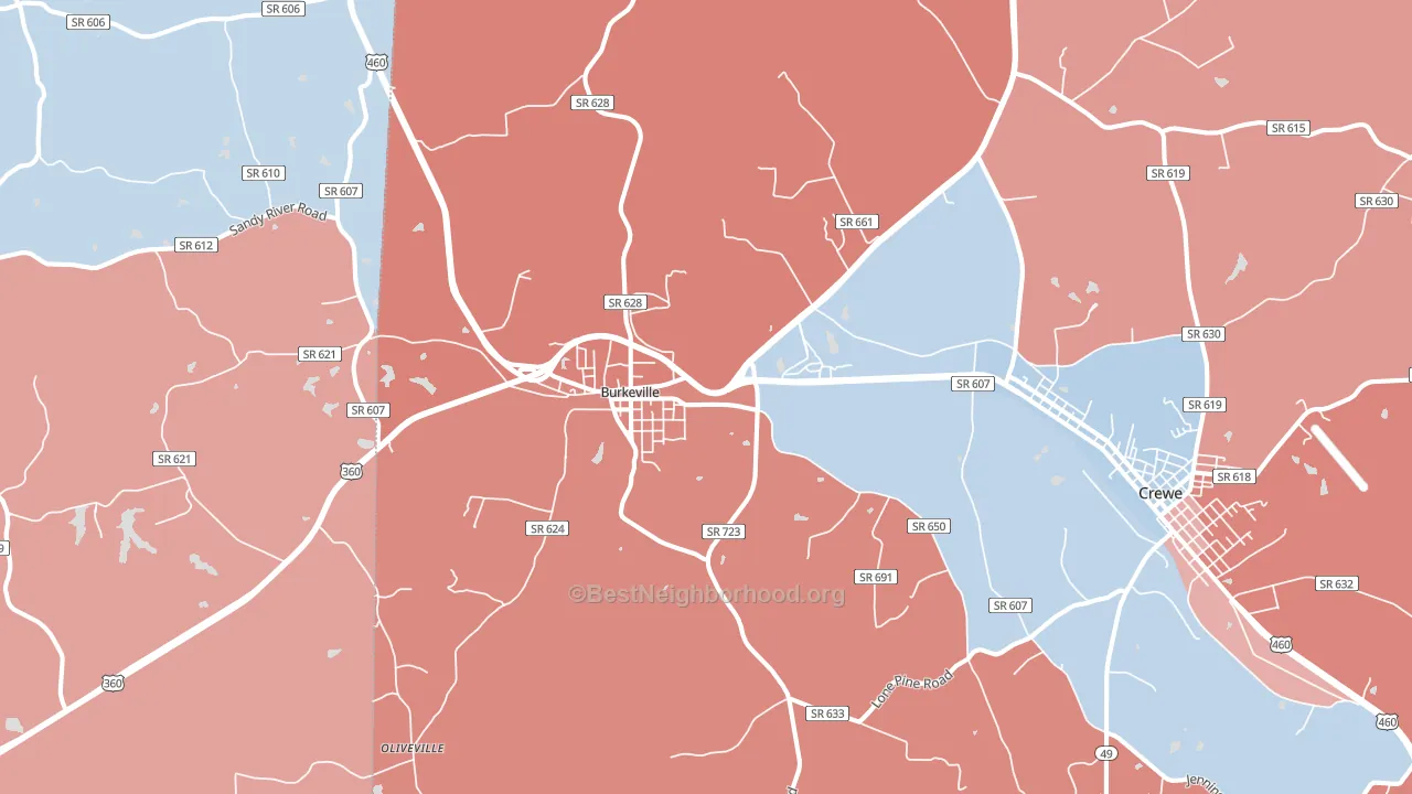 Burkeville, VA block-group political-lean map