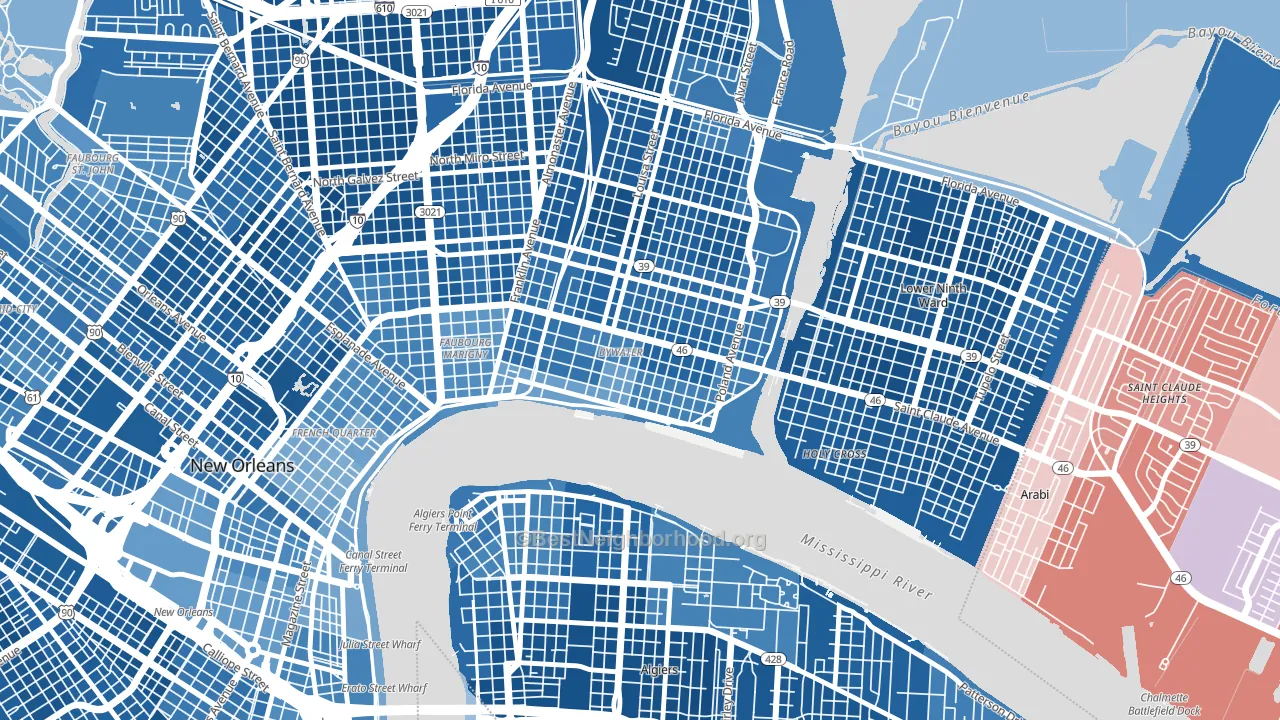 Bywater, New Orleans, LA block-group political-lean map