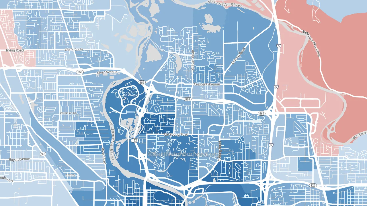 Cal Young, Eugene, OR block-group political-lean map