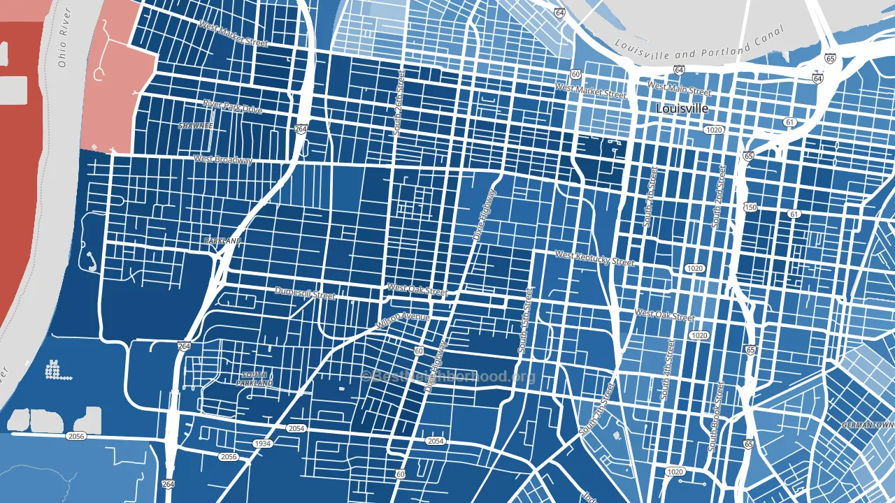 California, Louisville, KY block-group political-lean map