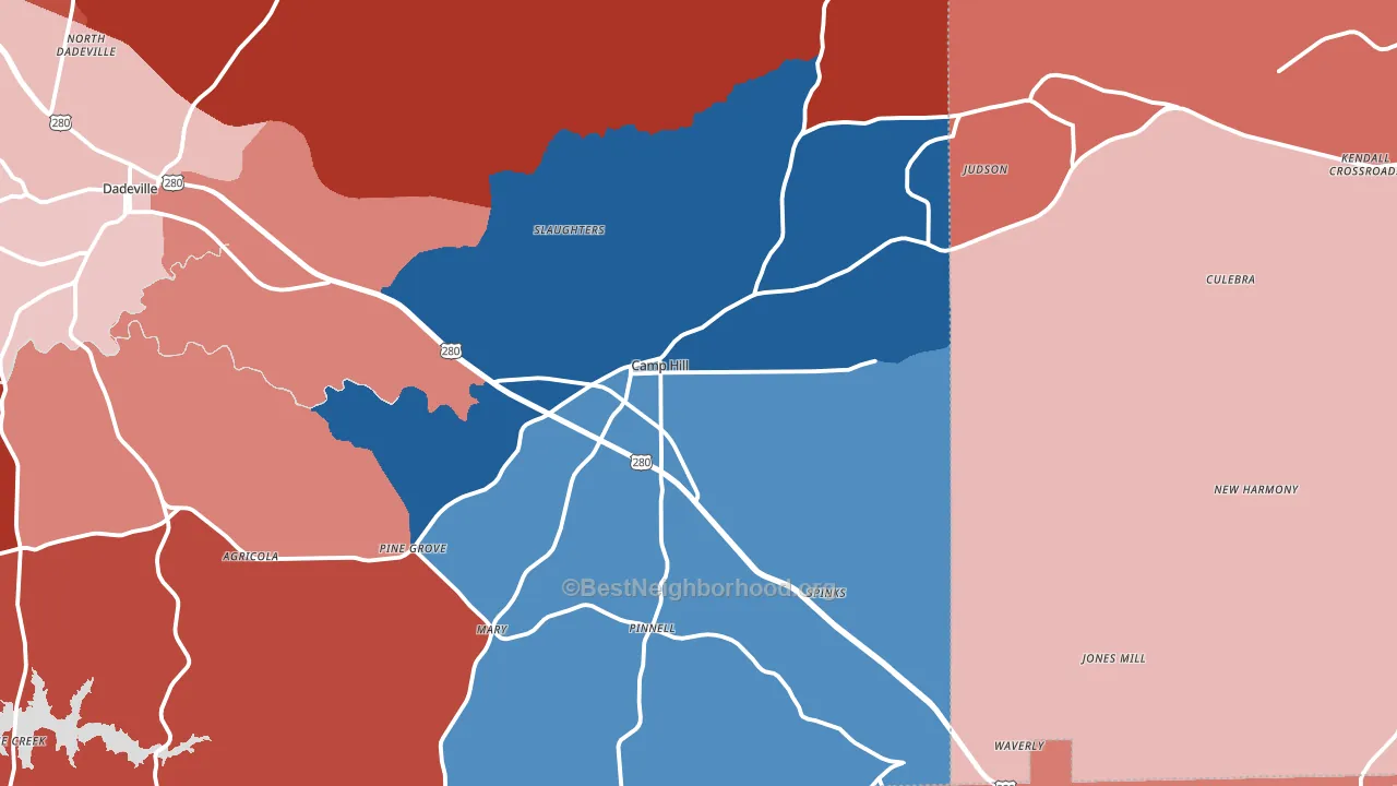 Camp Hill, AL block-group political-lean map