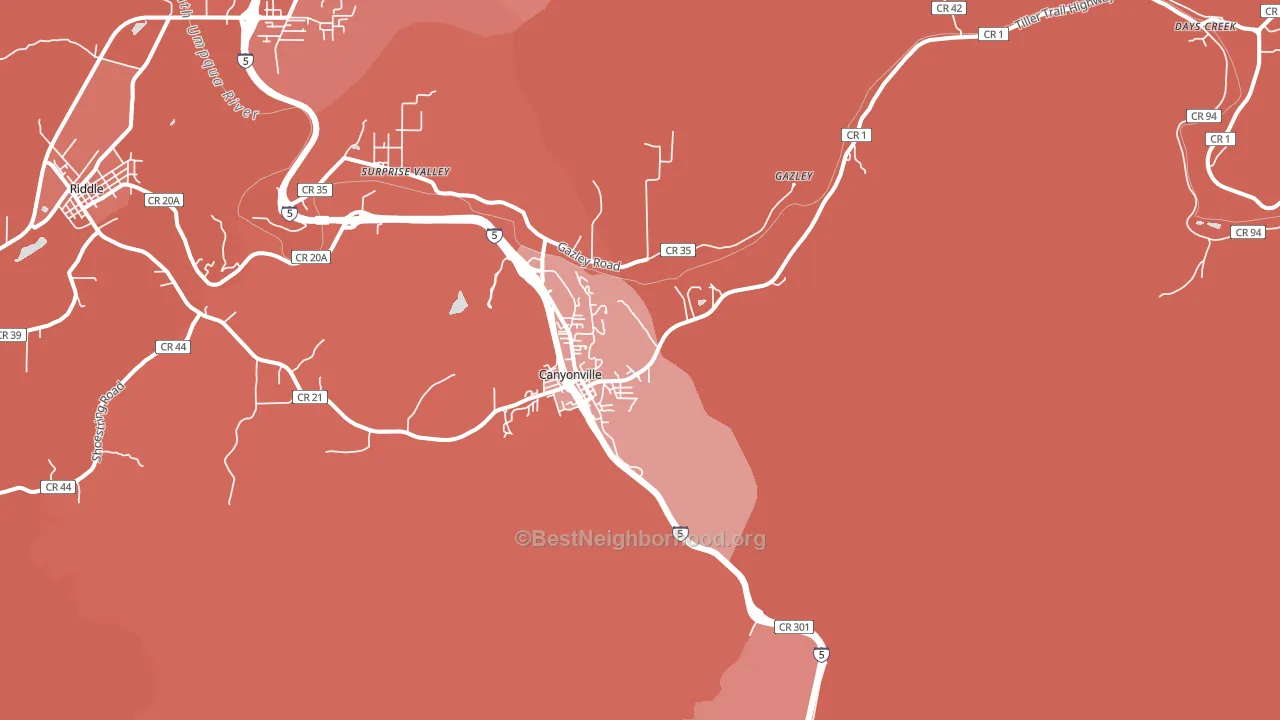 Canyonville, OR block-group political-lean map