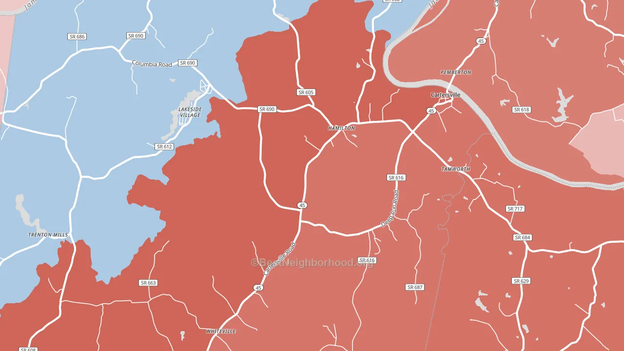 Cartersville, VA block-group political-lean map