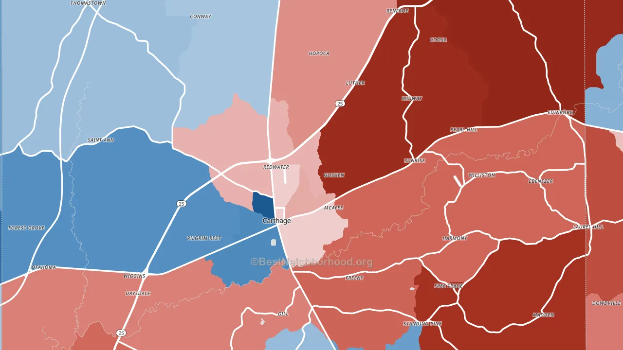Carthage, MS block-group political-lean map