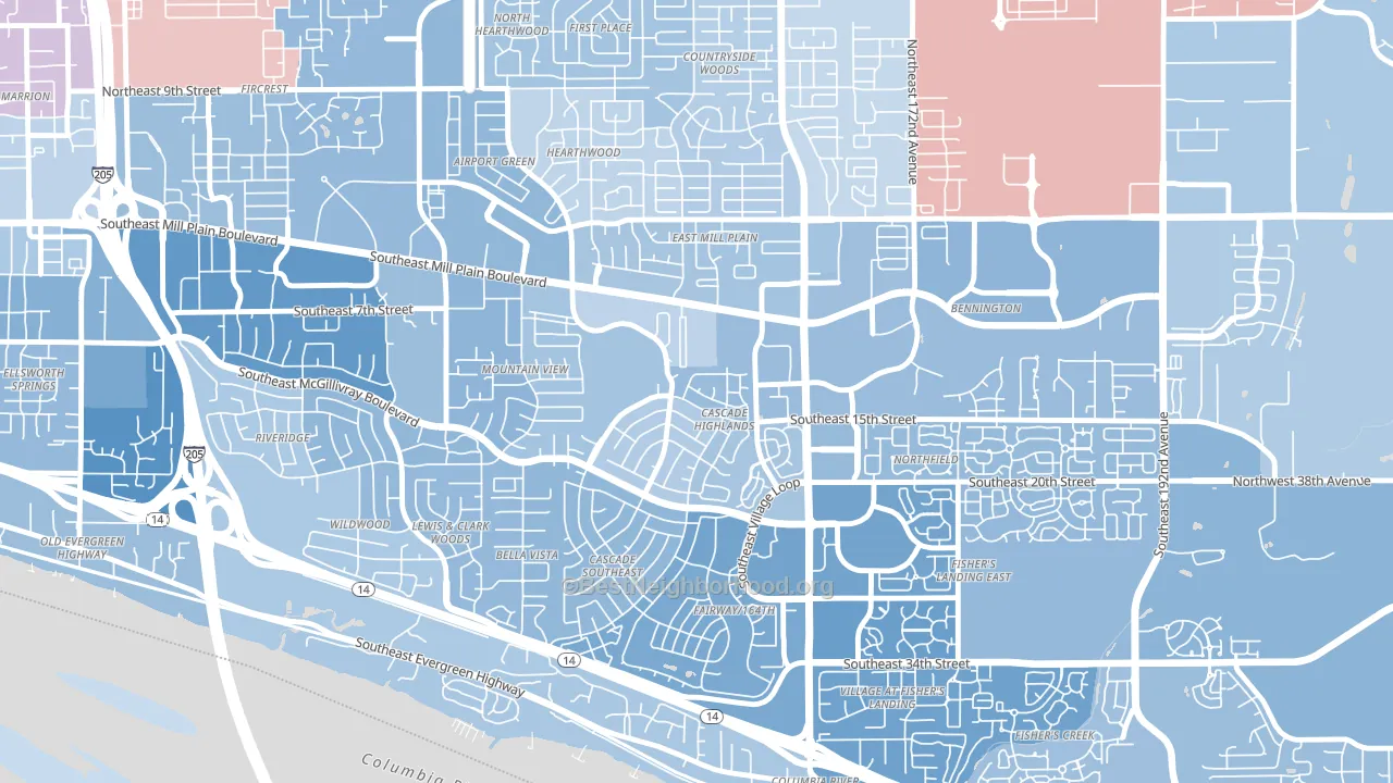 Cascade Highlands, Vancouver, WA block-group political-lean map
