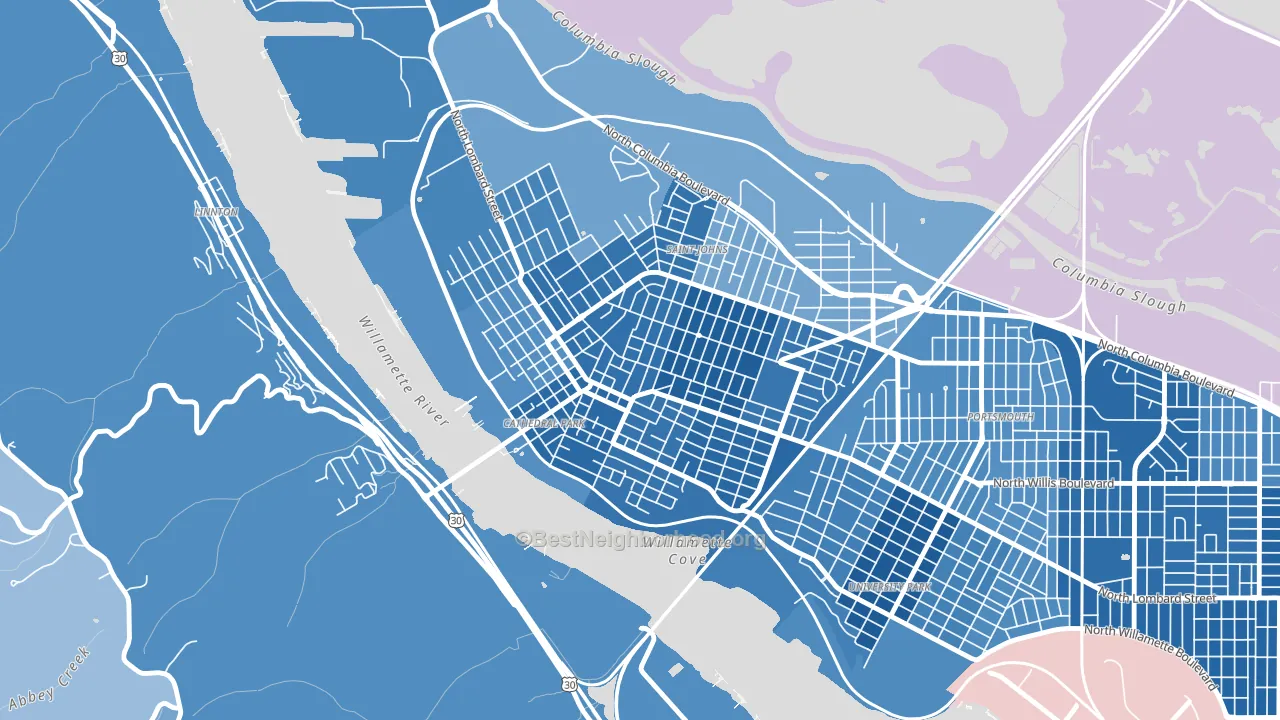 Cathedral Park, Portland, OR block-group political-lean map